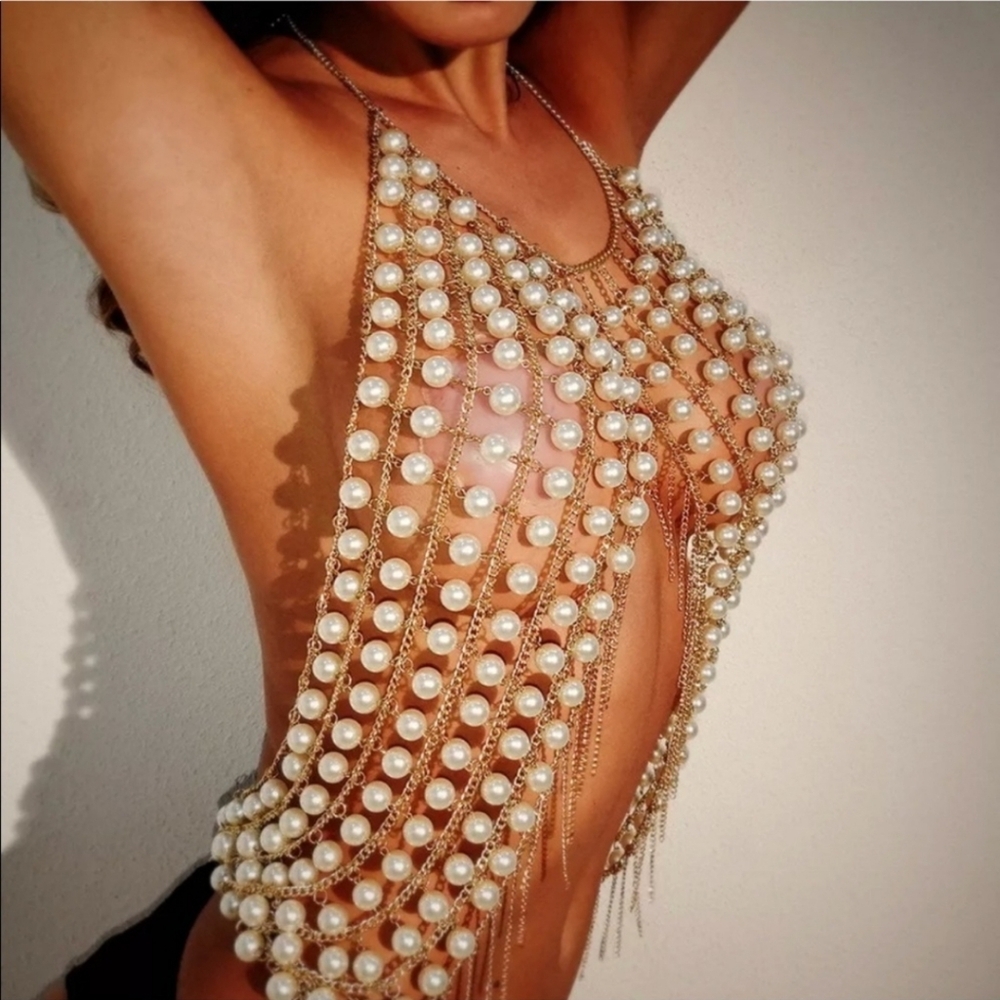 Pearl chain charm body jewelry necklace harness